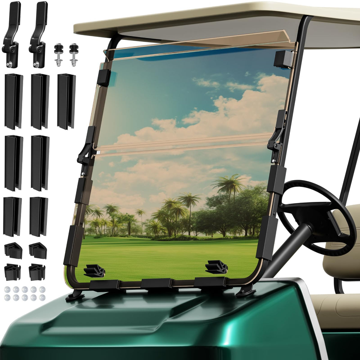 ENEKERP Club Car DS windshield fitment for 1982–2000, upper rail view and clear visibility