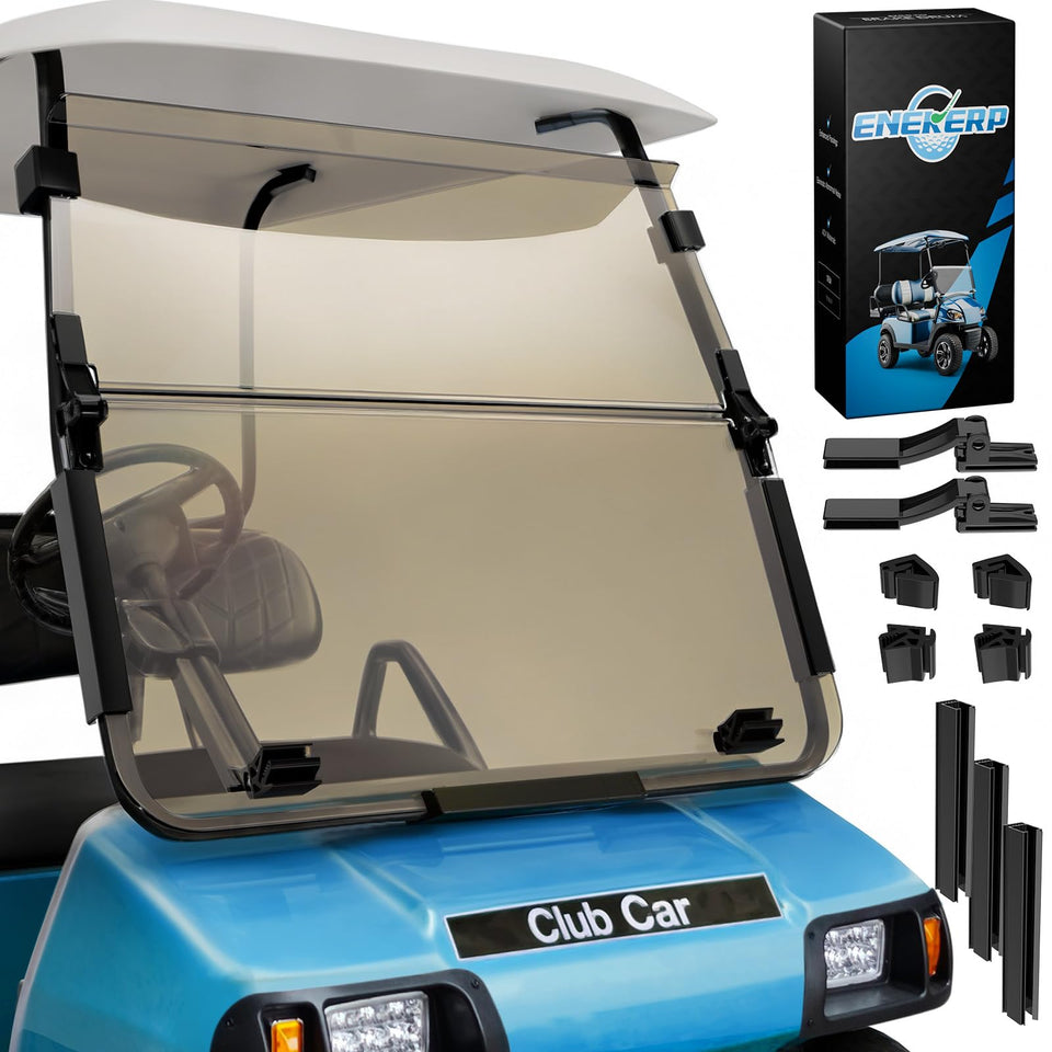 ENEKERP DS2000 golf cart windshield front view with clear, durable polycarbonate for UV protection