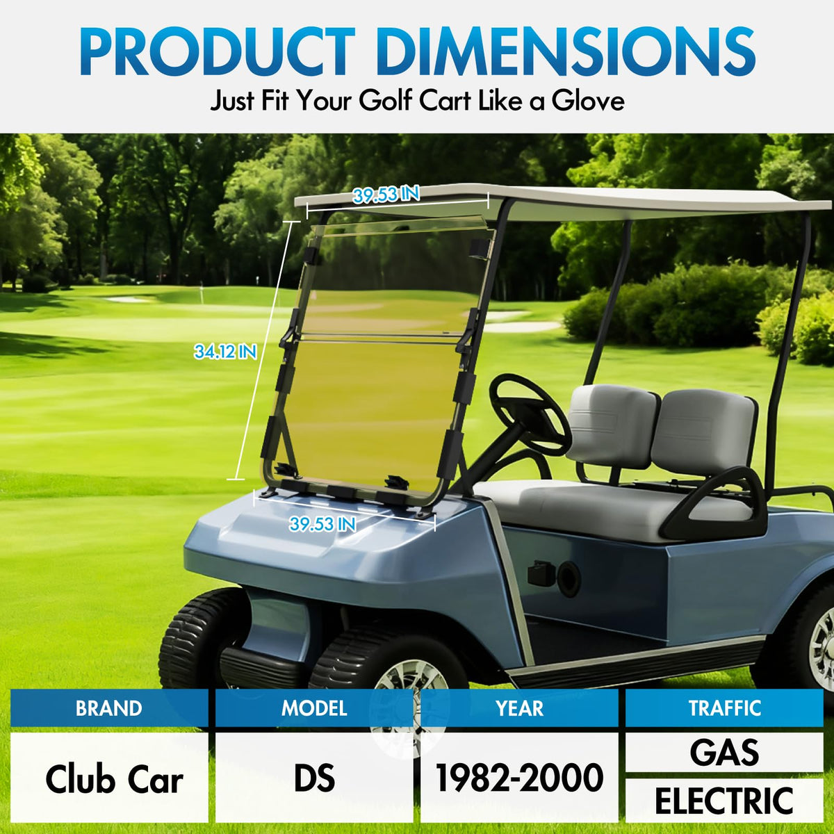 Installed ENEKERP windshield on Club Car DS demonstrates quiet, rattle-free ride