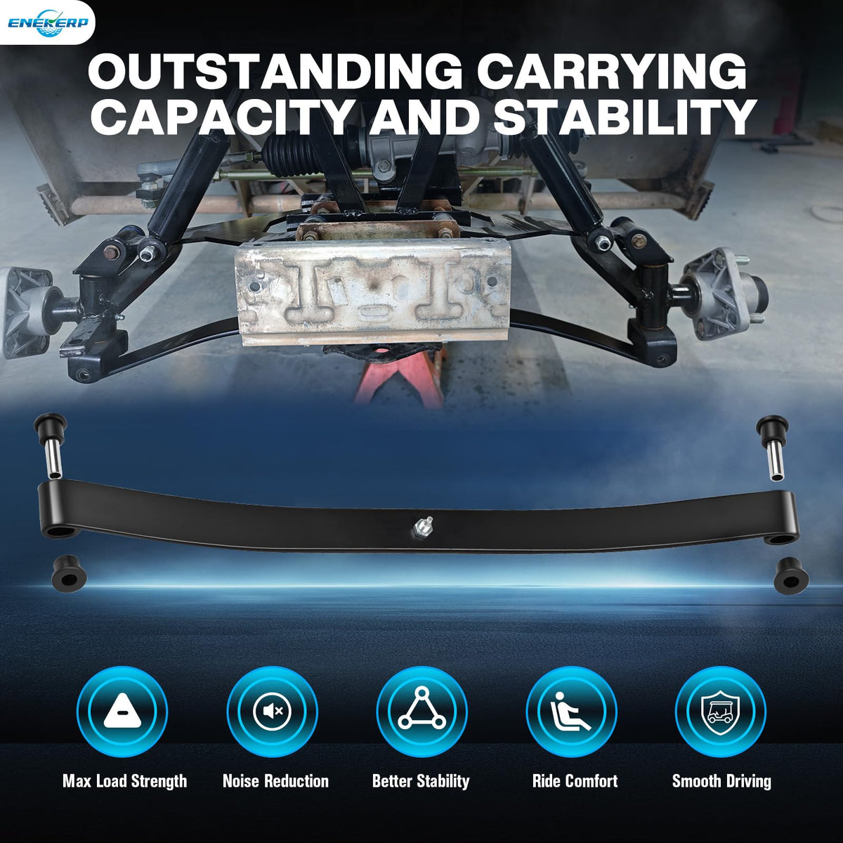 ENEKERP rust-proof front suspension demonstrates durability against corrosion in outdoor golf cart use