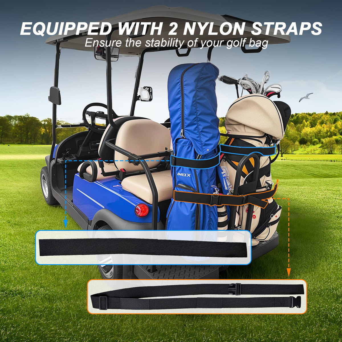 ENEKERP secure bag attachment helps on bumpy fairways and drives