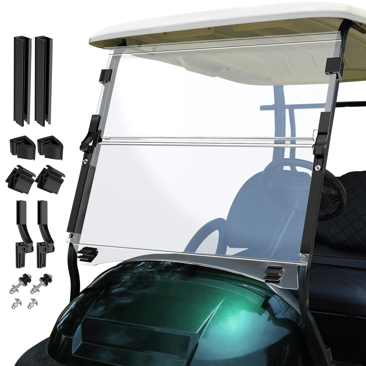 ENEKERP windshield foldable design on Club Car Precedent improves airflow and eye protection