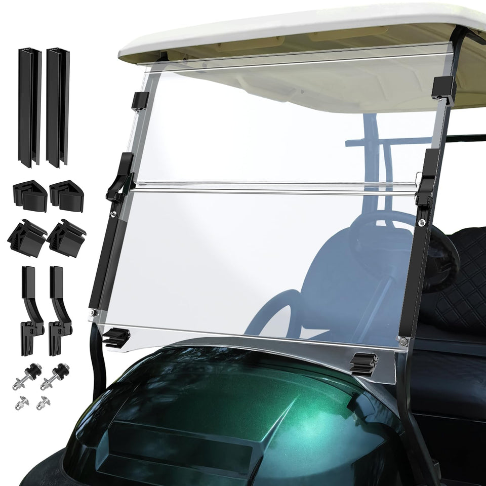 ENEKERP windshield foldable design on Club Car Precedent improves airflow and eye protection