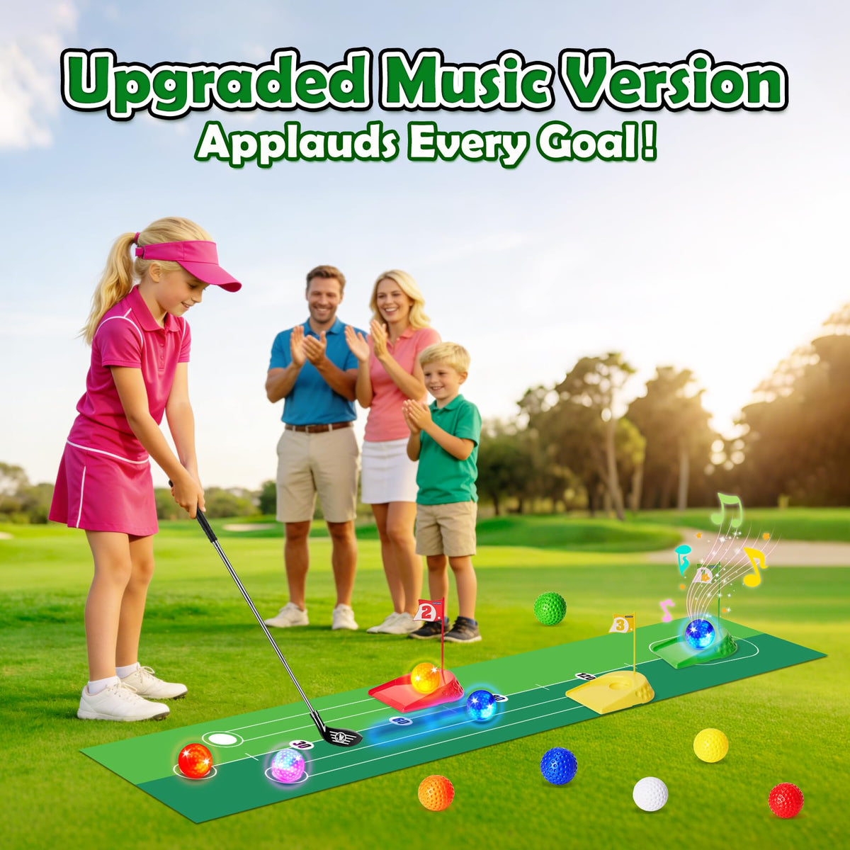 Enjoyjoy Kids Golf Set glow balls light up to help track shots in low light.