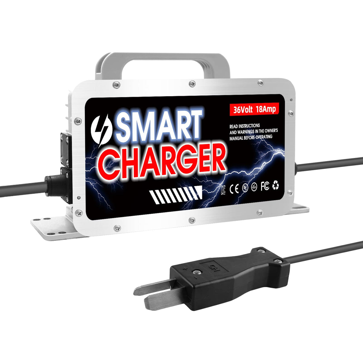 Entrinomy 18A 36V charger with crowfoot plug for EZGO carts, enabling fast charging