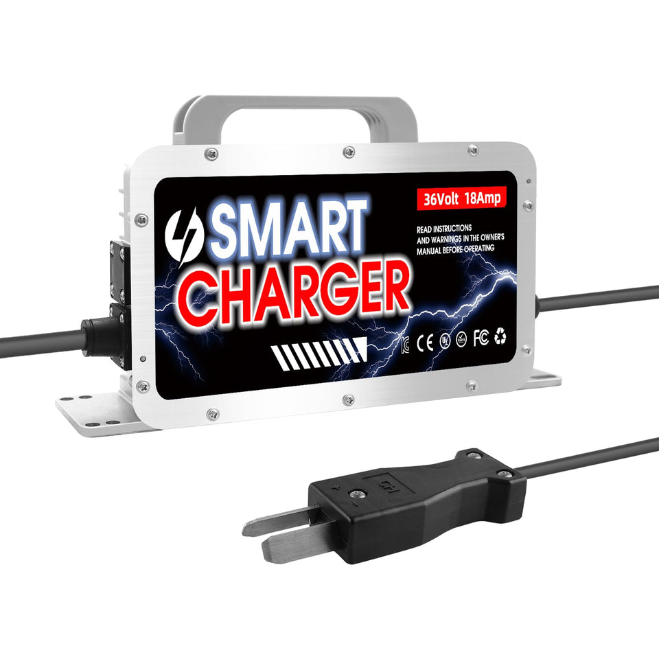 Entrinomy 18A 36V charger with crowfoot plug for EZGO carts, enabling fast charging