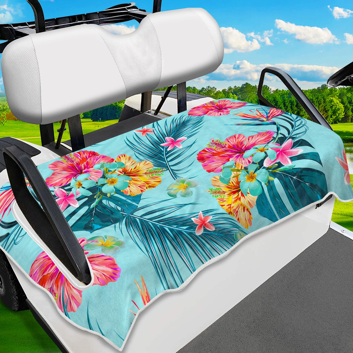 ENYORSEL golf cart seat covers with tropical floral pattern for style and protection.
