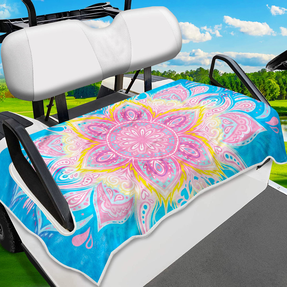 ENYORSEL Mandala golf cart seat cover folded, protecting seats with vibrant design.