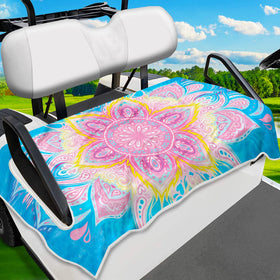ENYORSEL Mandala golf cart seat cover folded, protecting seats with vibrant design.