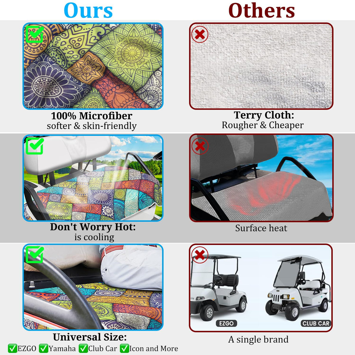 ENYORSE universal-fit seat covers fit EZGO, Yamaha, and Club Car carts.