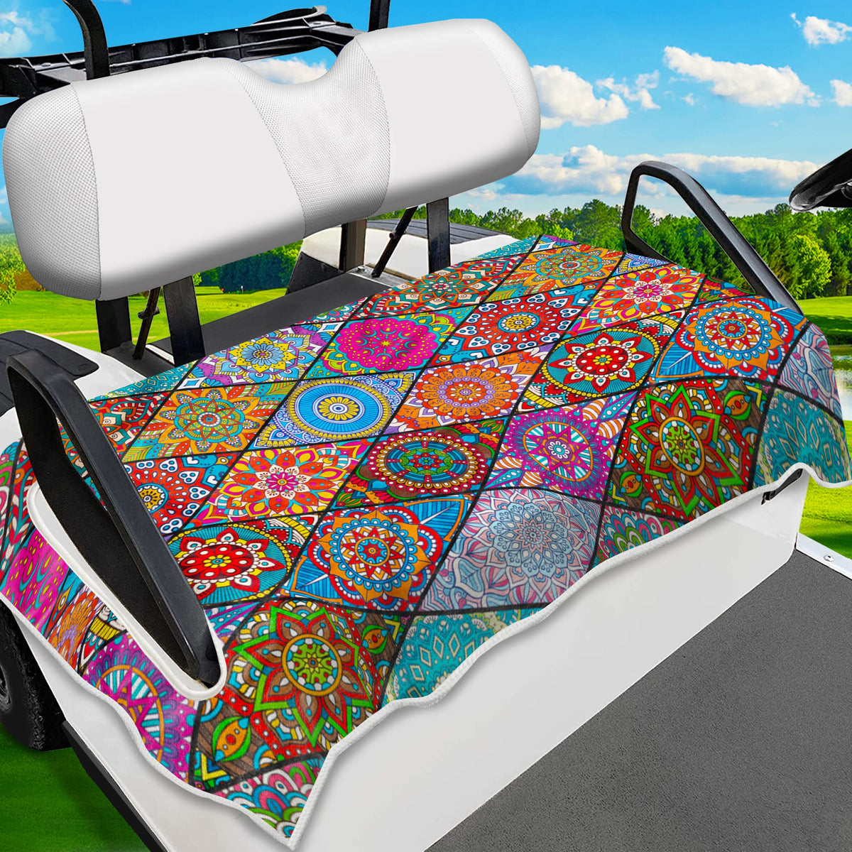 ENYORSEL golf cart seat cover with mandala pattern for style and comfort.