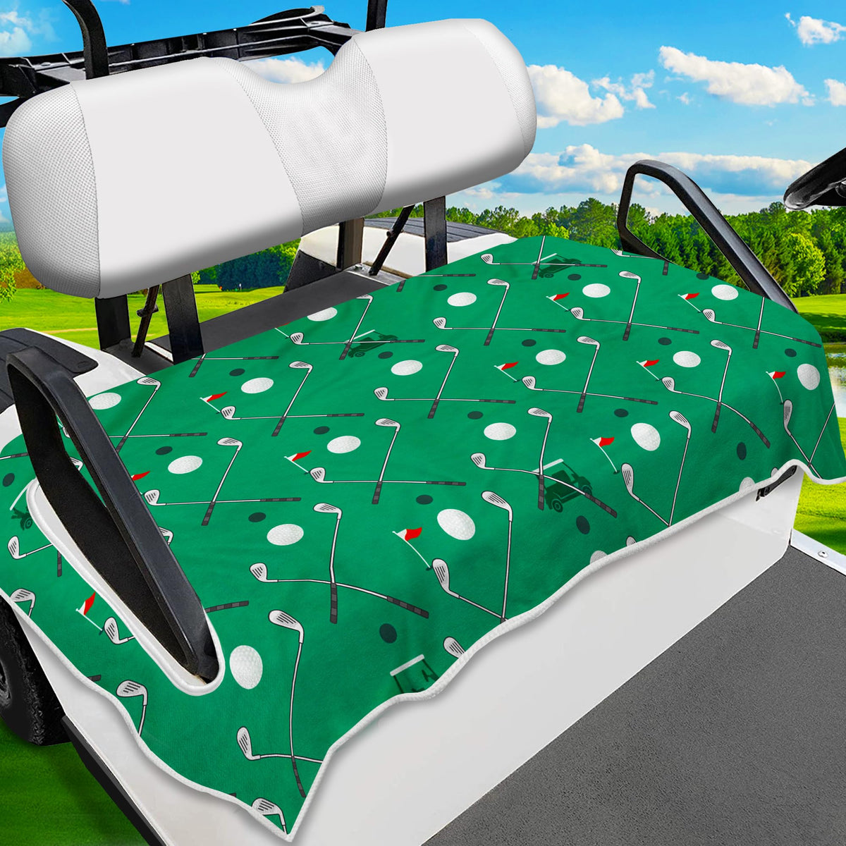 ENYORSEL golf seat cover on cart in red and green for durable comfort.