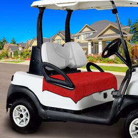 Sleek red ENYORSEL golf cart seat cover enhances the cart’s appearance