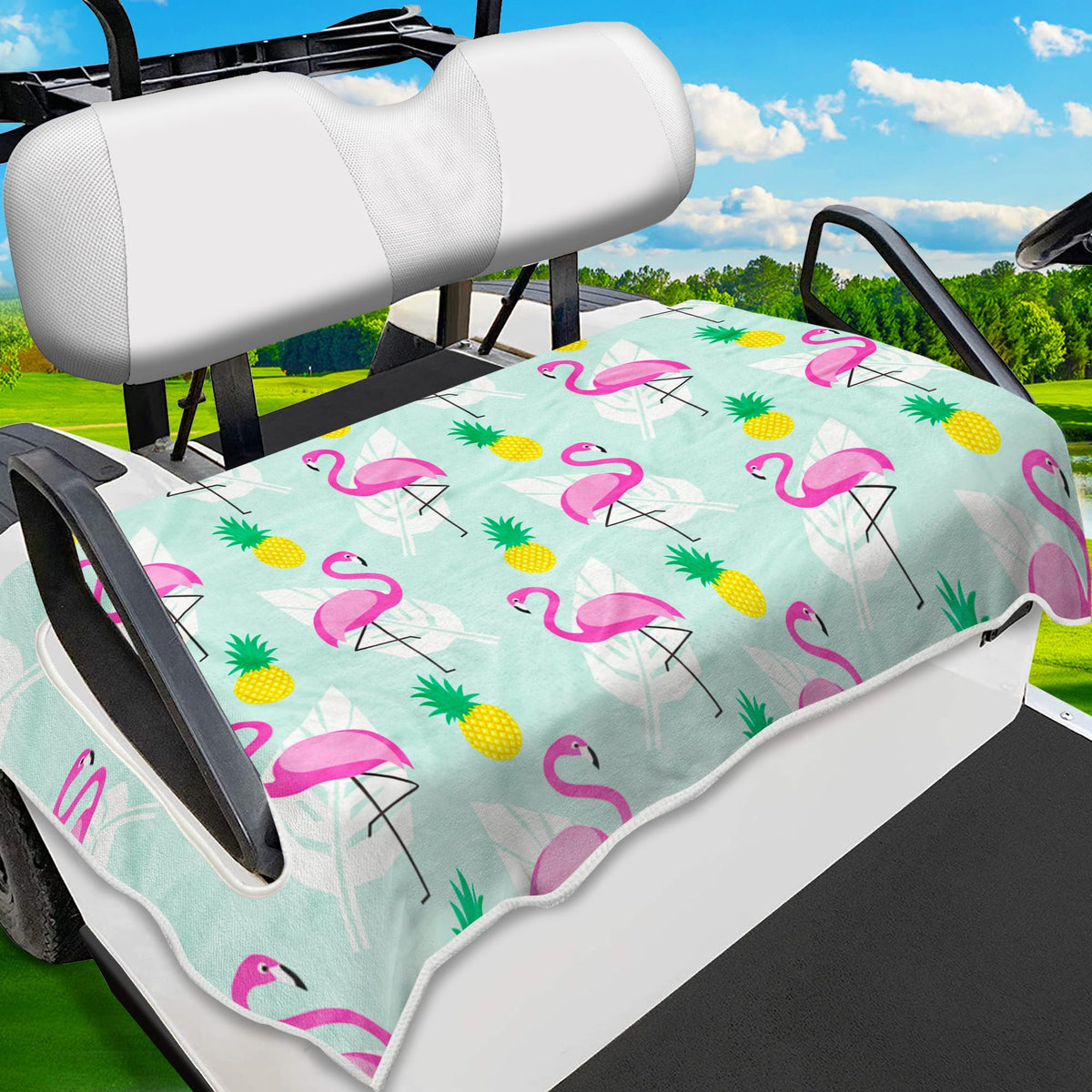 ENYORSEL tropical flamingo pattern seat cover for golf carts; adds style and protects seats
