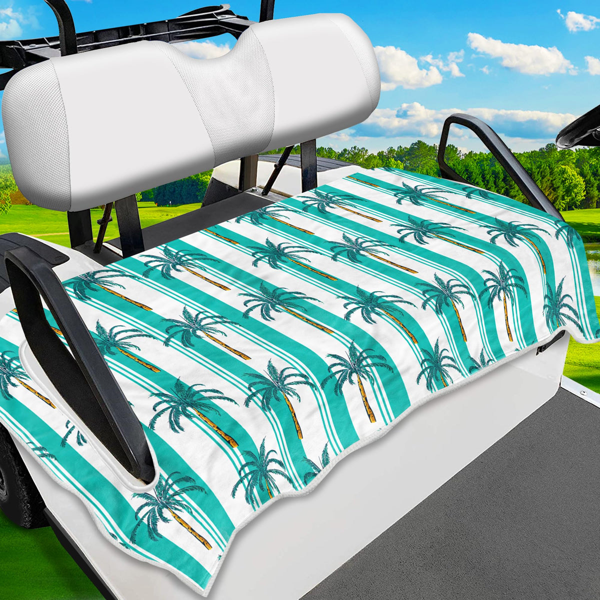 ENYORSEL tropical golf cart seat cover with striped coconut tree pattern for all-season comfort.