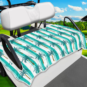 ENYORSEL tropical golf cart seat cover with striped coconut tree pattern for all-season comfort.