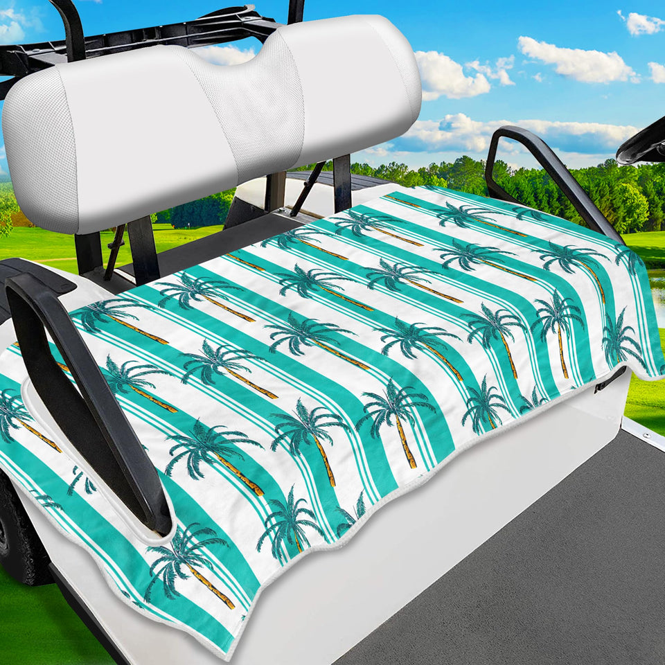 ENYORSEL tropical golf cart seat cover with striped coconut tree pattern for all-season comfort.
