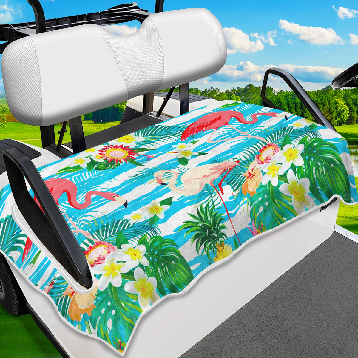 ENYORSEL tropical flamingo pattern seat cover adds vibrant style to your golf cart