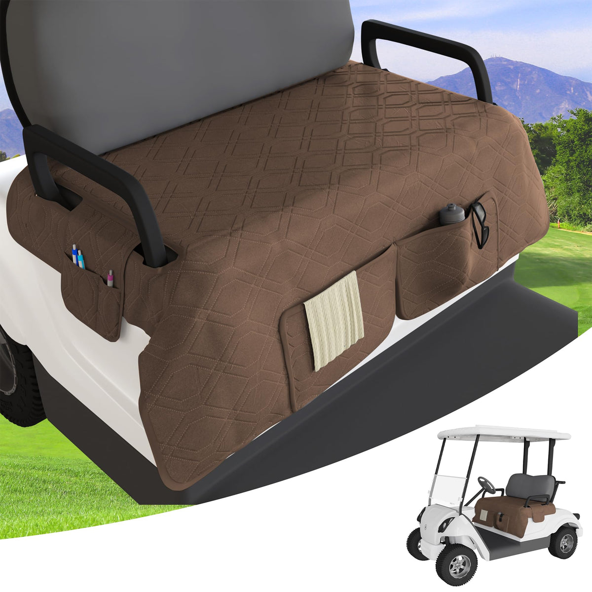Eolzzi waterproof seat cover protecting universal-fit golf cart seats on the course.
