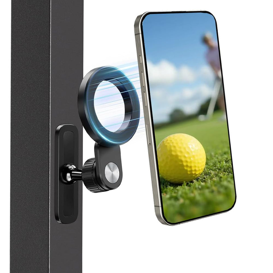 EPhemeralLuxe foldable magnetic phone holder on a golf cart for hands-free recording.