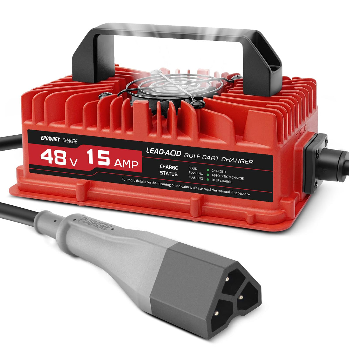 EPOWREY 15A golf cart charger front view showing reliable 48V charging for EZGO RXV/TXT