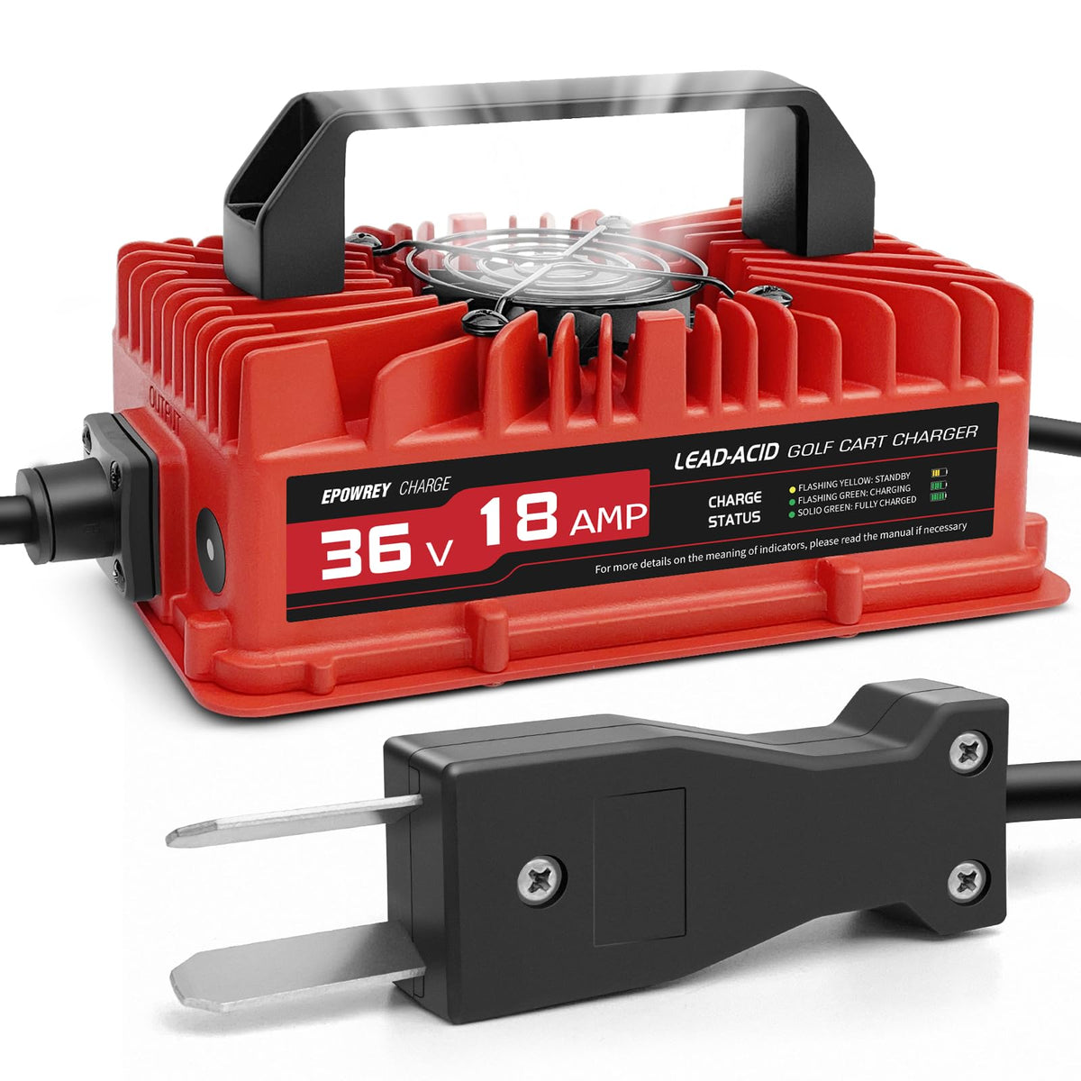 EPOWREY 18A 36V golf cart charger with crowfoot plug for EZGO and Yamaha.