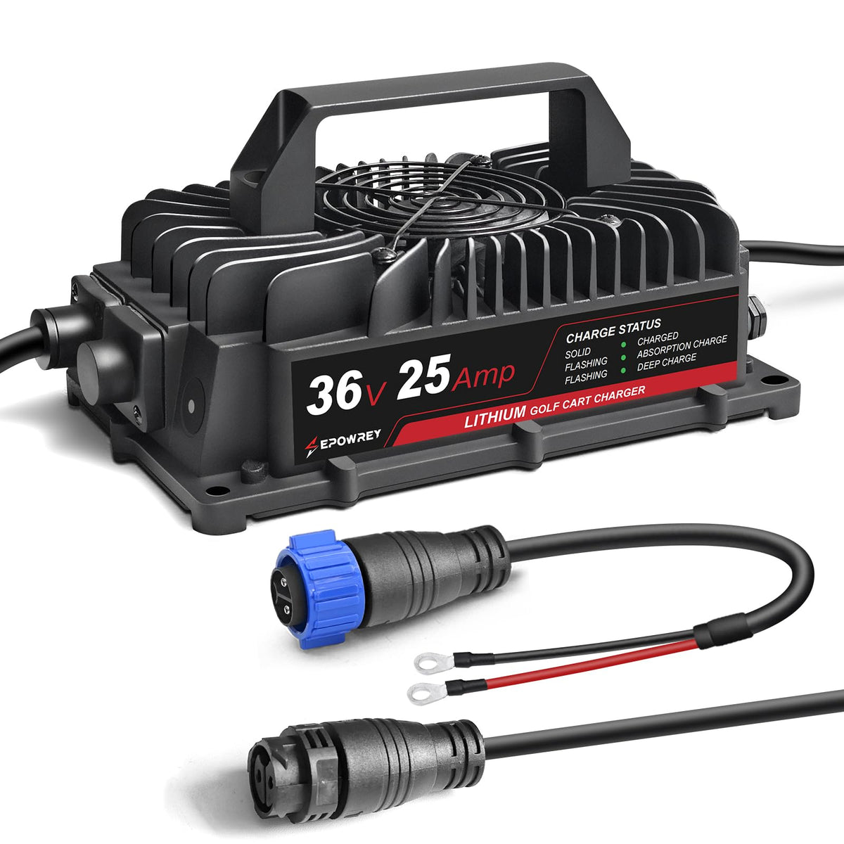 EPOWREY 25A LiFePO4 golf cart charger front view showing a compact design.