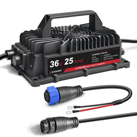 EPOWREY 25A LiFePO4 golf cart charger front view showing a compact design.