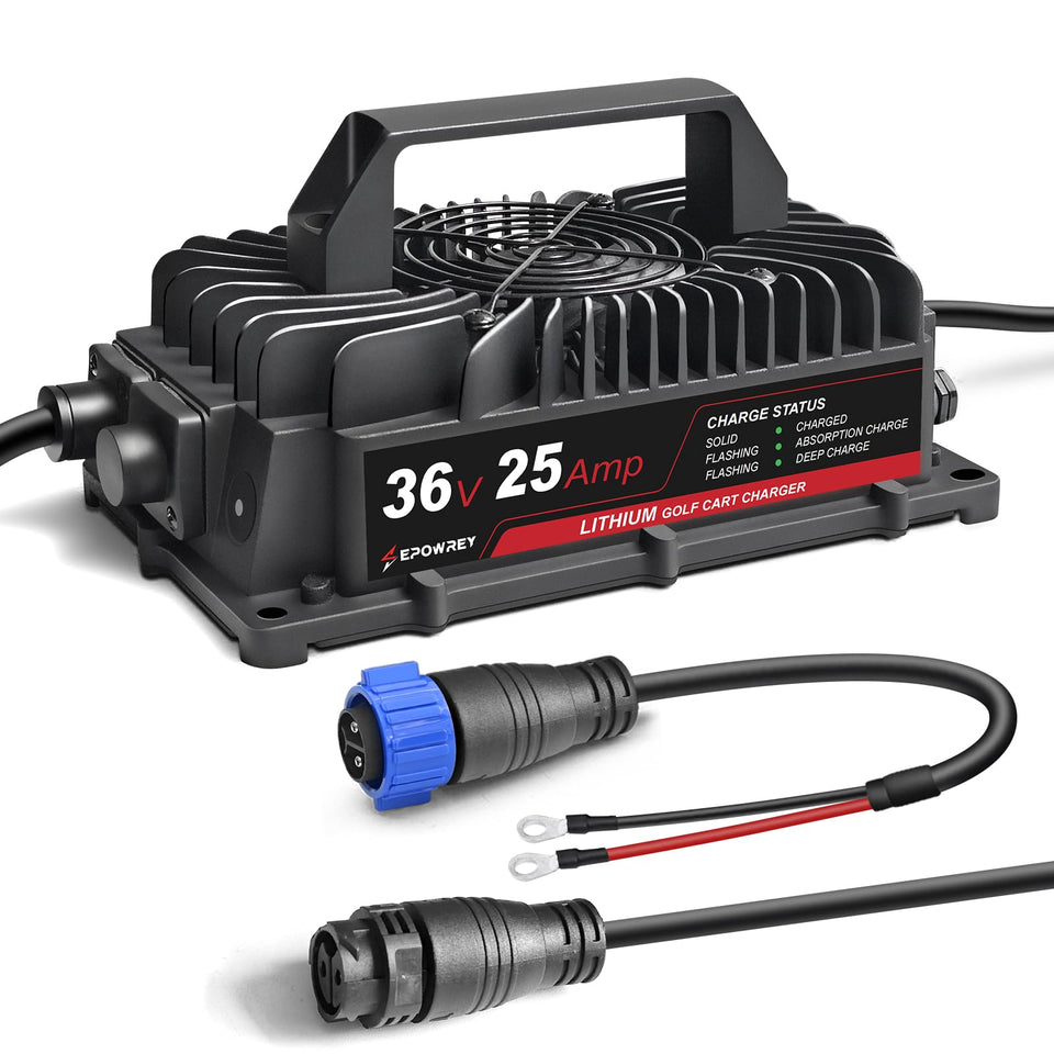 EPOWREY 25A LiFePO4 golf cart charger front view showing a compact design.