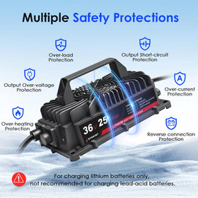 EPOWREY charger side view illustrating 36V LiFePO4 compatibility for carts.