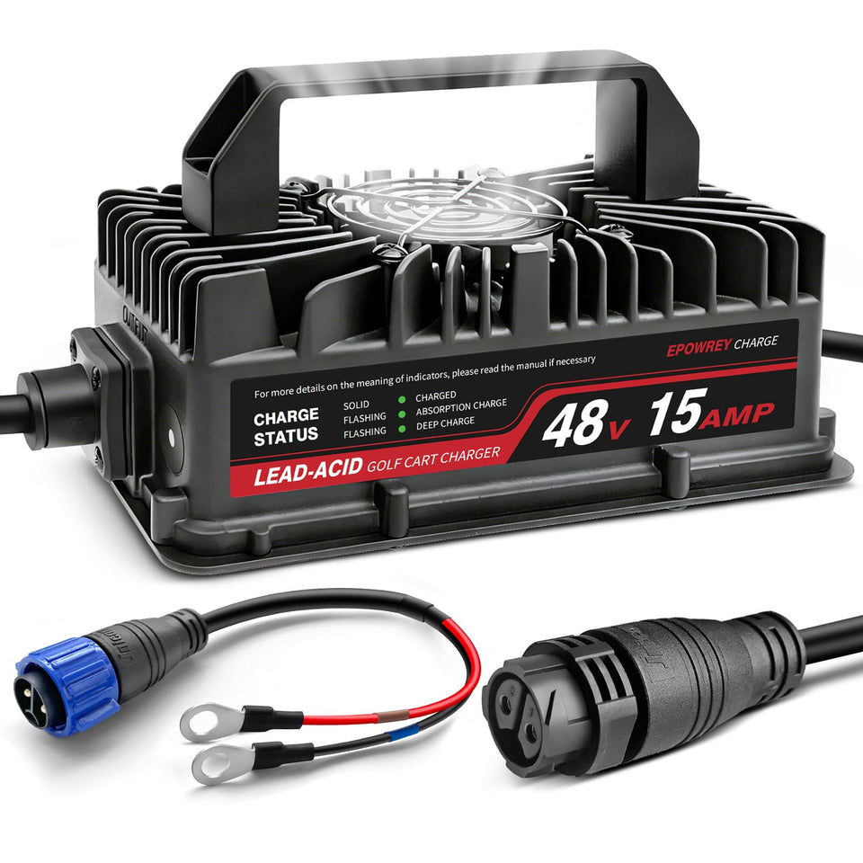 EPOWREY 48V golf cart charger front view, compact and portable.