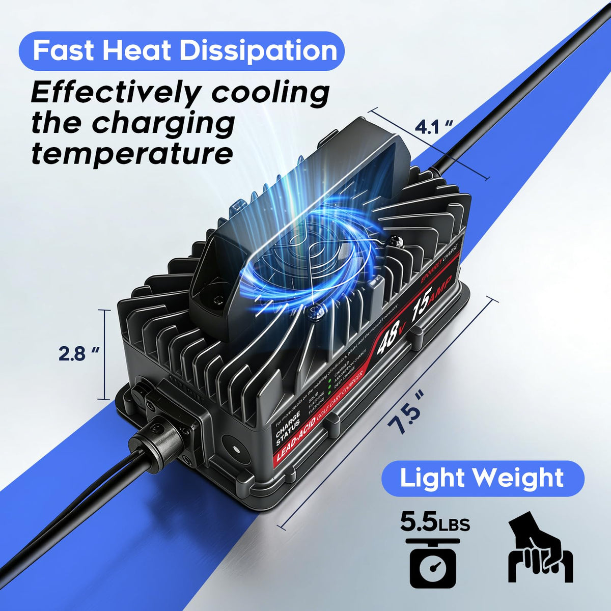 EPOWREY 48V golf cart charger IP67 casing, rugged weather resistance.