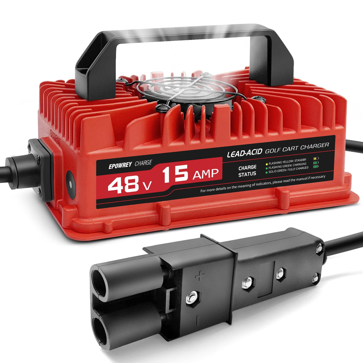 EPOWREY 48V Yamaha G19-G22 charger front view showing plug-and-play setup