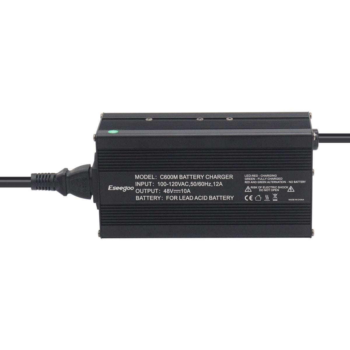 Eseegoo 48V 10A charger LED indicators clearly show charging status.