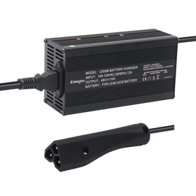 Eseegoo 48V 10A charger with RXV triangle plug for EZGO carts, fast charging.