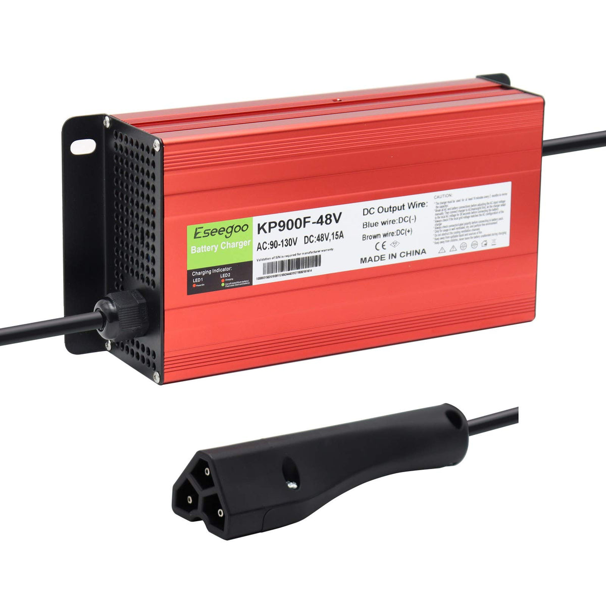 Eseegoo 48V 15A RXV/TXT charger front view for EZGO golf carts.
