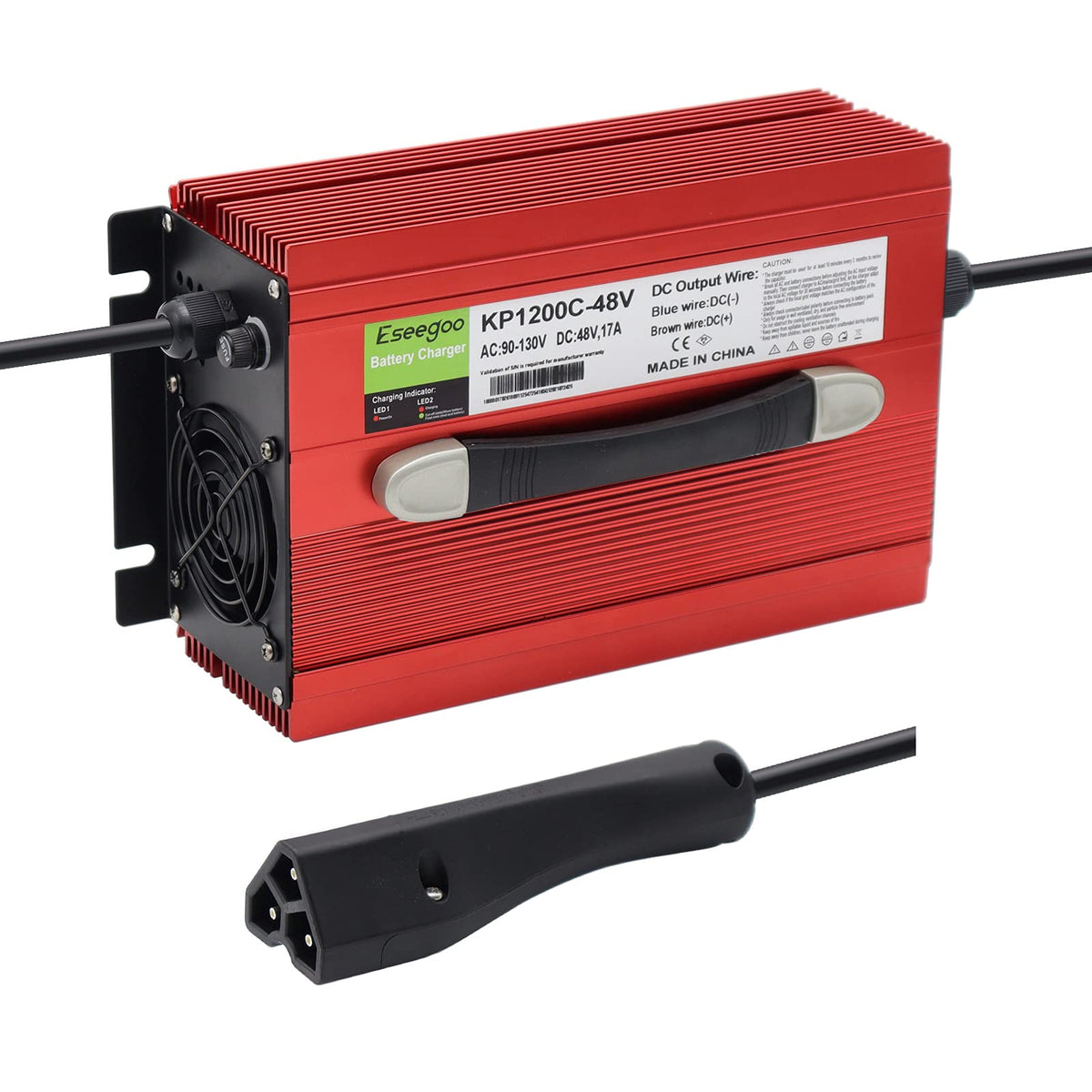 Eseegoo 48V charger with RXV triangle plug for EZGO carts, ideal for home charging