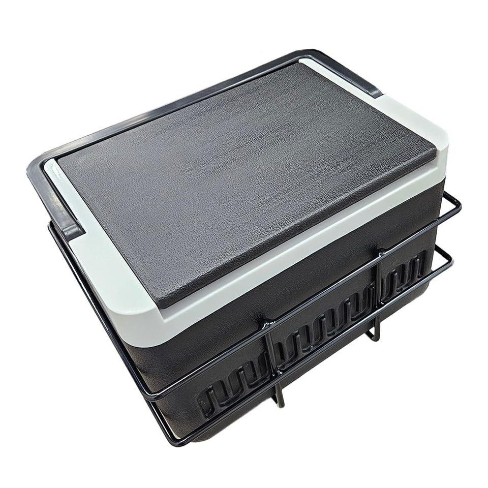 Evolution cooler basket mounted on a D5 Ranger cart showing secure beverage storage