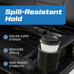 Rear passenger cup holder keeps beverages within reach during rides.