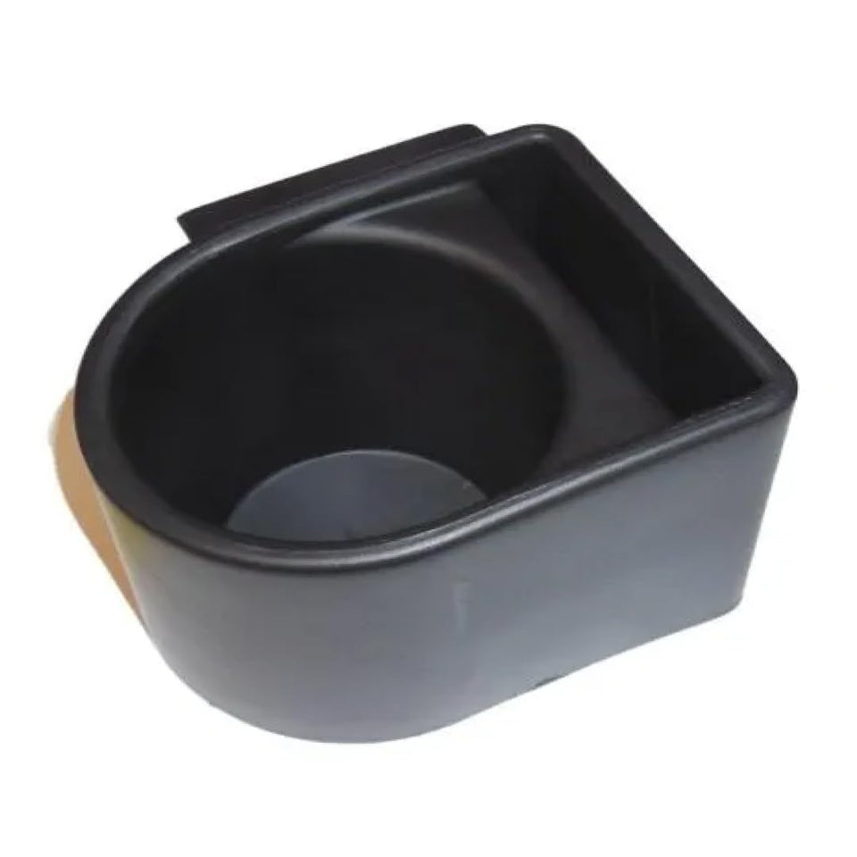 Evolution golf cart cup holder mounted on rear armrest keeps drinks secure.