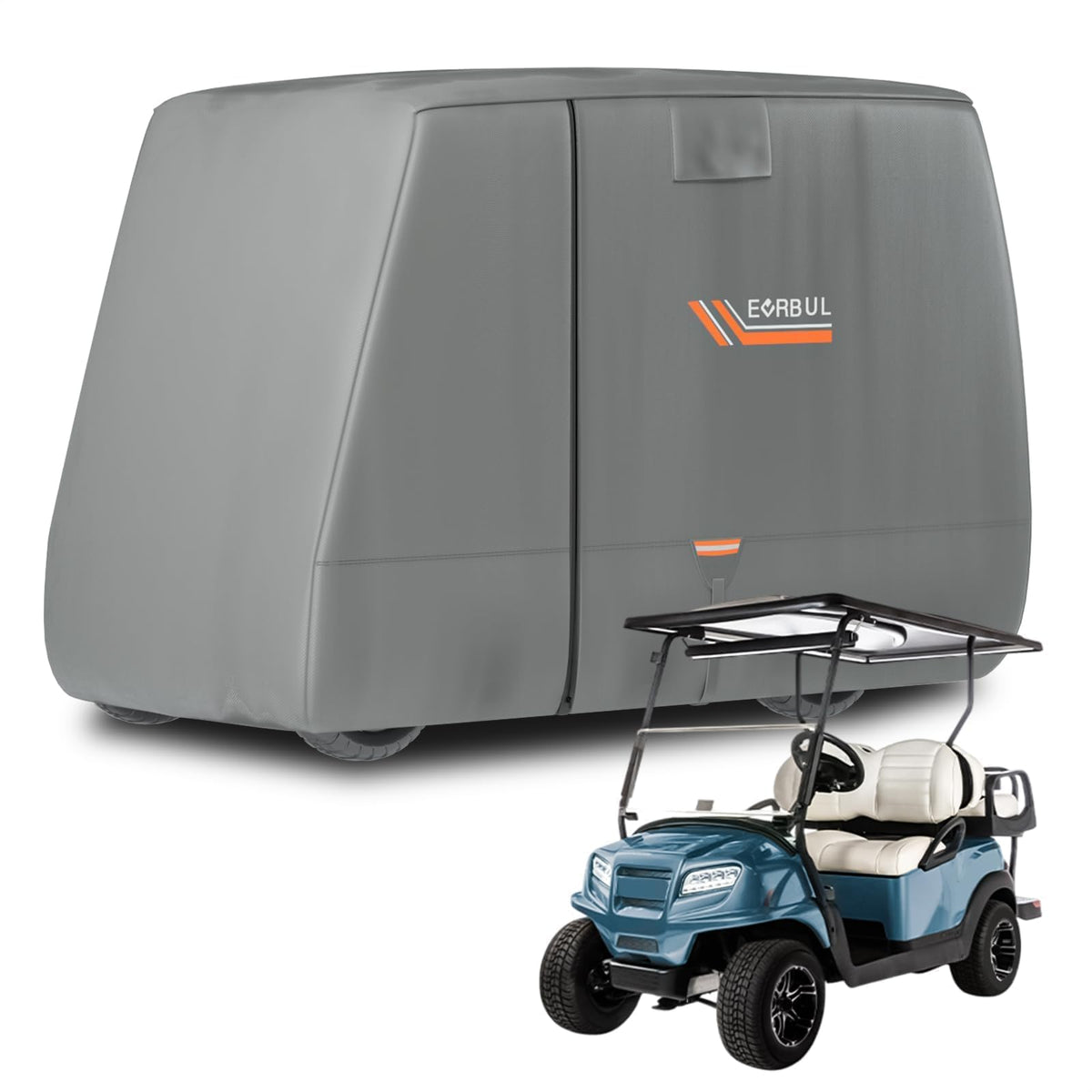 EVRBUL Golf Cart Cover over a 2/2+2/4 cart protects from rain and dust.