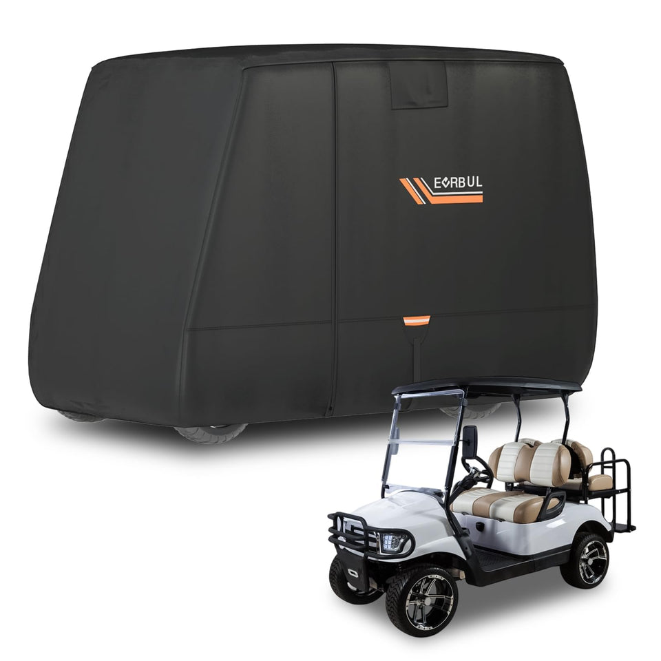EVRBUL golf cart cover in heavy-duty 420D fabric protecting from rain and dust.