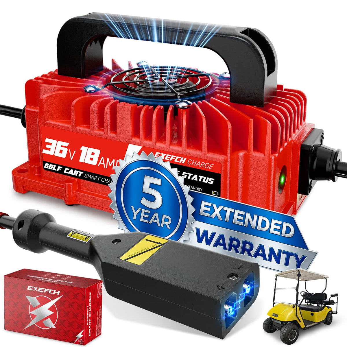 EXEFCH 36V charger front view for EZGO TXT, rugged outdoor-ready design.