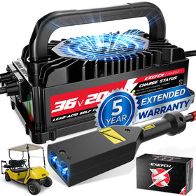 EXEFCH 36V 20A golf cart charger front view showing quick, reliable charging capability