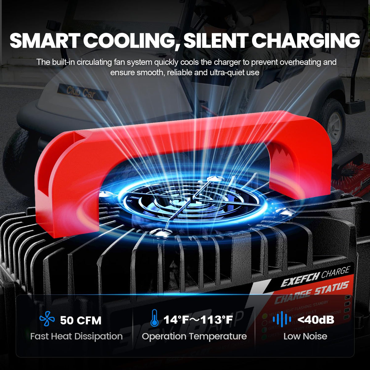 EXEFCH 18-foot cable highlighted for flexible remote charging at courses