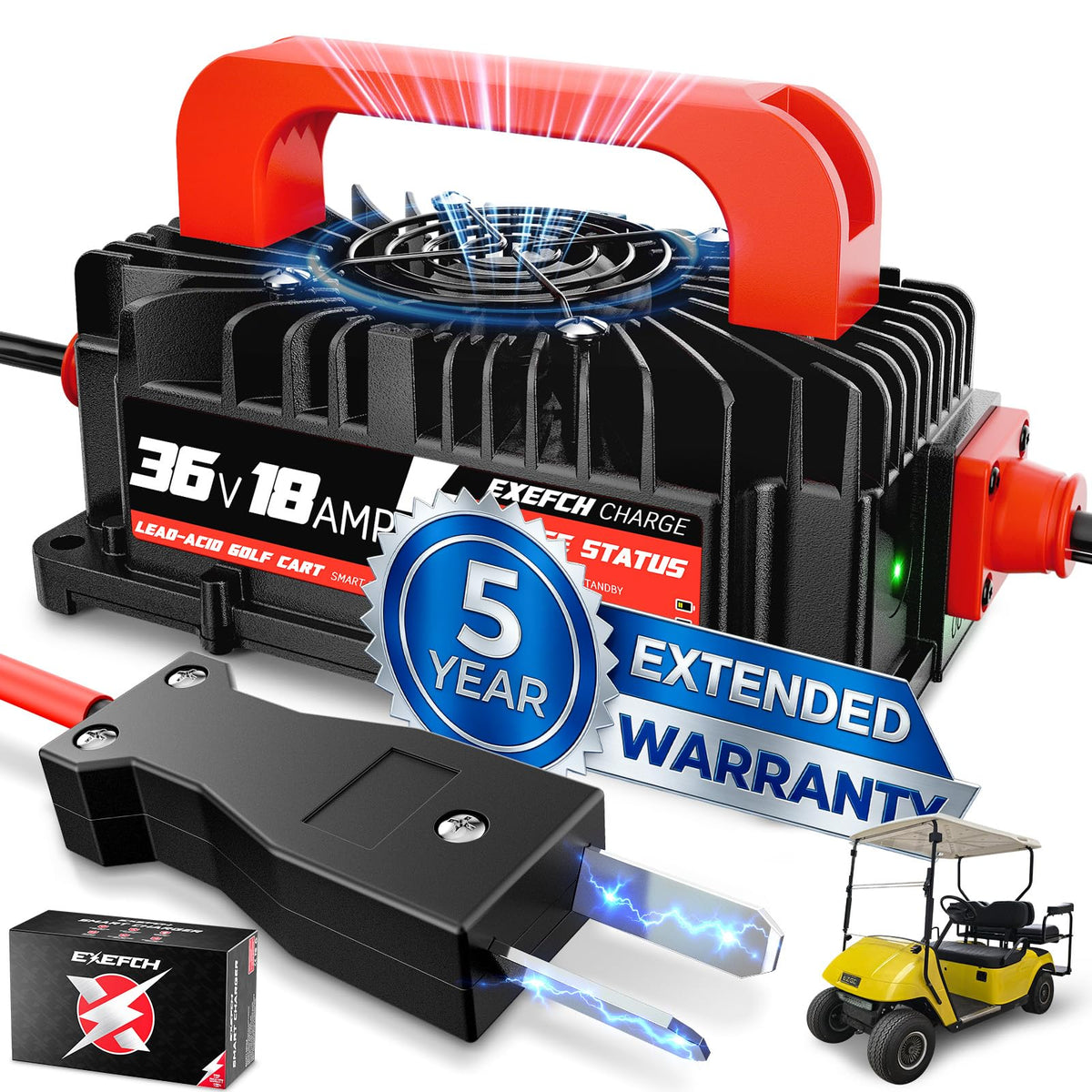 EXEFCH 36V charger with crowfoot plug for quick golf cart charging