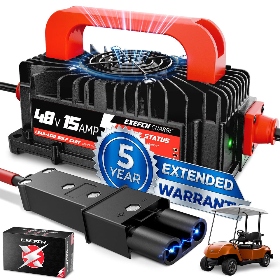 EXEFCH 48V charger front view for Yamaha G19-G22 with compact design.