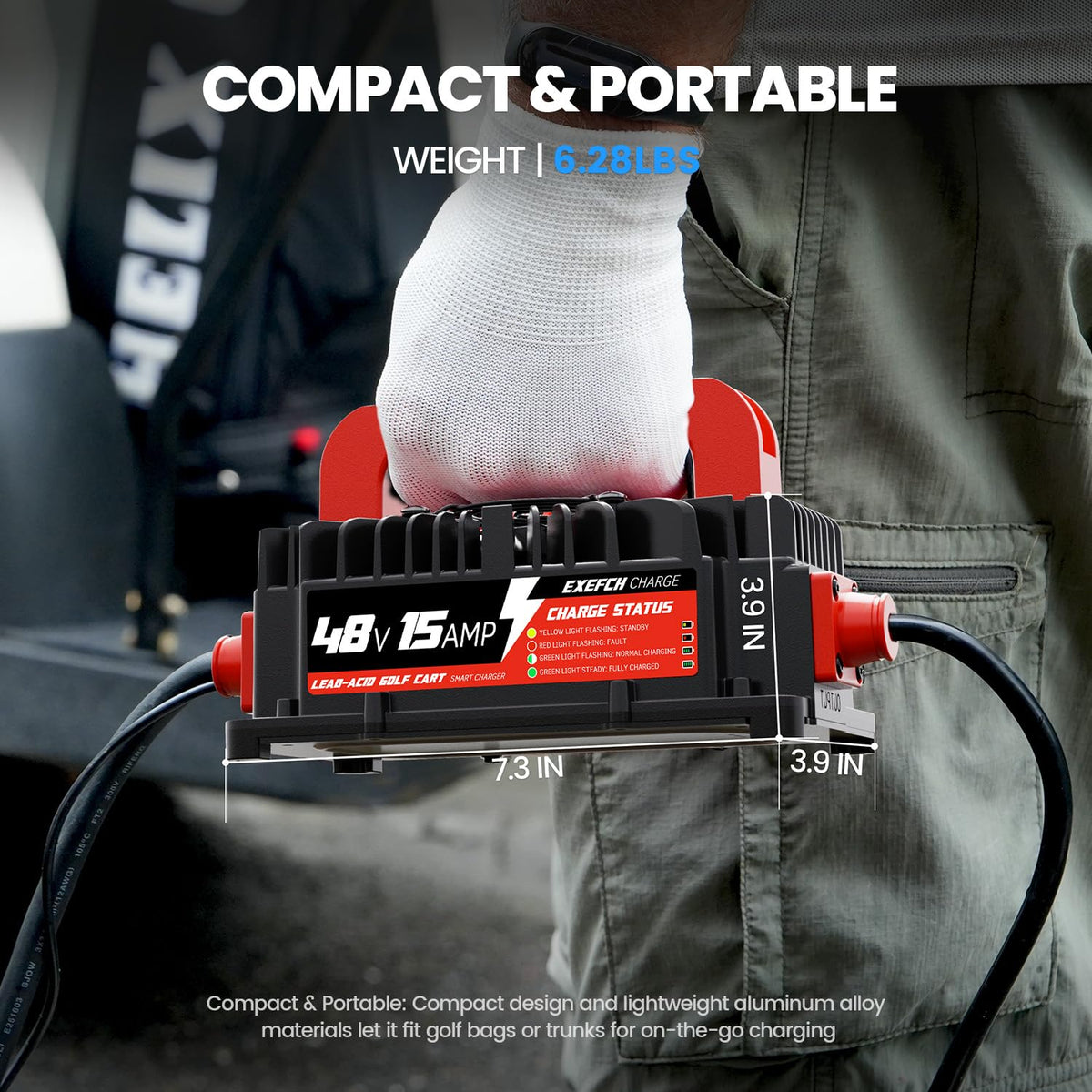 EXEFCH 48V charger IP67 body suited for outdoor use.