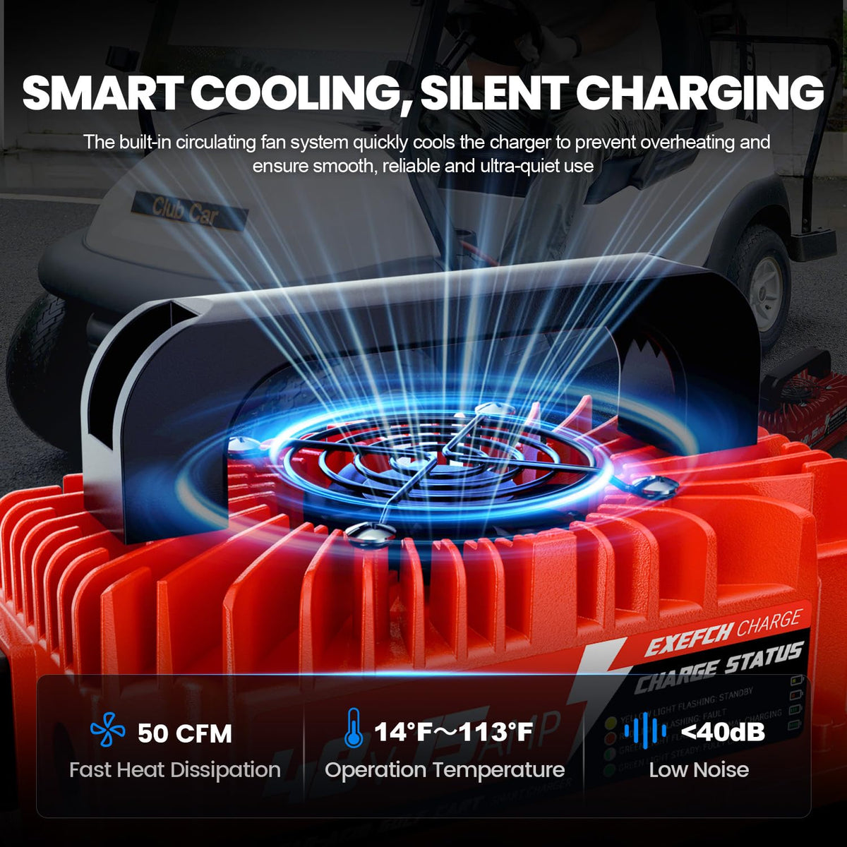 EXEFCH 48V charger with 18-foot cable for flexible reach on the cart