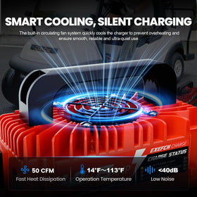 EXEFCH 48V charger with 18-foot cable for flexible reach on the cart